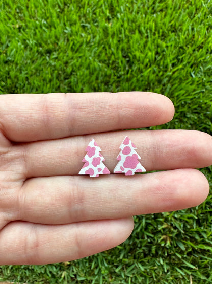 Pink Cow Print Christmas Tree Stud | Christmas Earrings