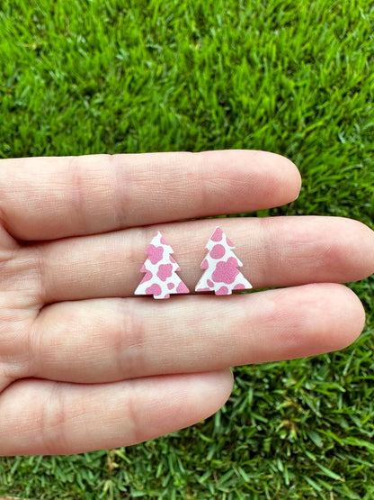 Pink Cow Print Christmas Tree Stud | Christmas Earrings