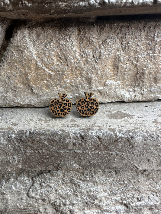 Leopard Apple Walnut Earrings, Teacher Earrings