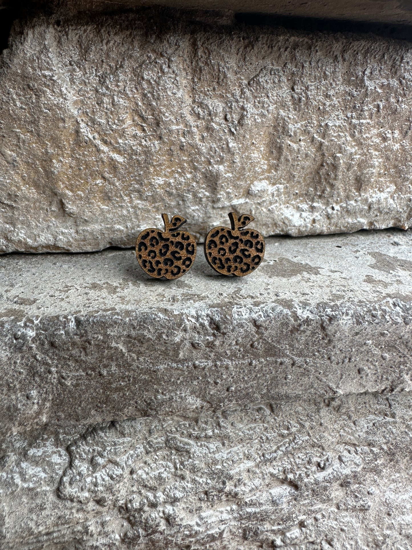 Leopard Apple Walnut Earrings, Teacher Earrings