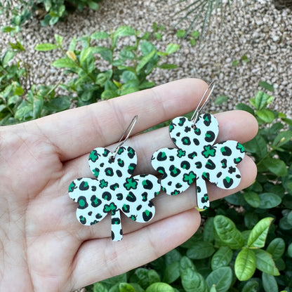 Leopard White Shamrock Dangle | St. Patrick’s Day Earrings