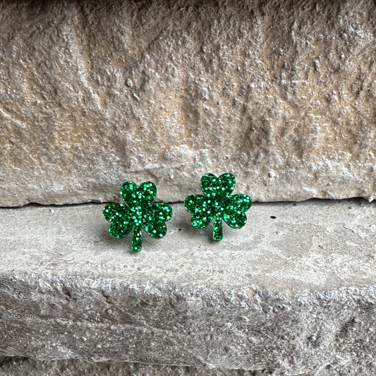 Green Glitter Acrylic Shamrock Earrings | St. Patrick's Day Earrings