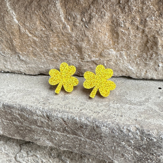 Yellow Gold Glitter Acrylic Shamrock Earrings | St. Patrick's Day Earrings