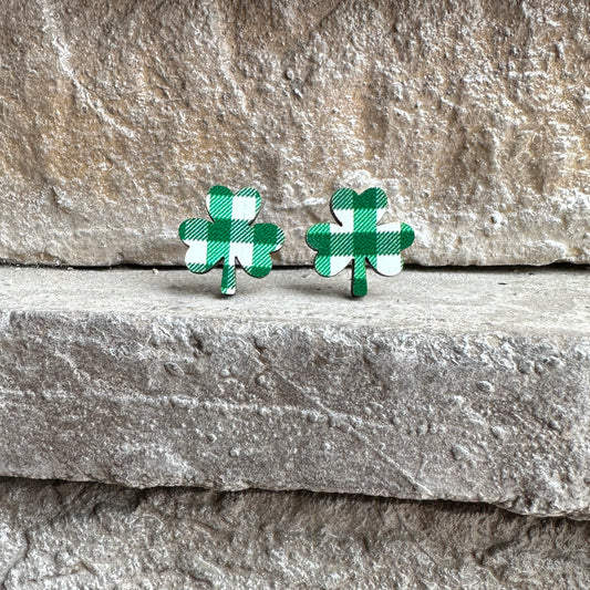 White & Green Plaid Shamrock Earrings | St. Patrick’s Day Earrings