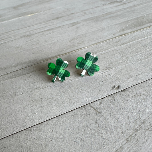 Green & White Plaid Shamrock Earrings | St. Patrick’s Day Earrings