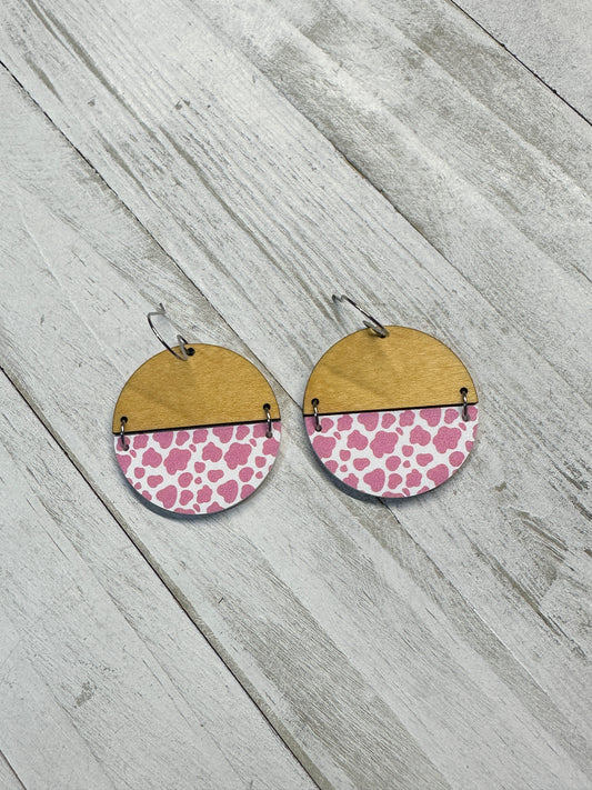 Pink Cow Print Acrylic & Maple Wood Dangle | Western Earrings