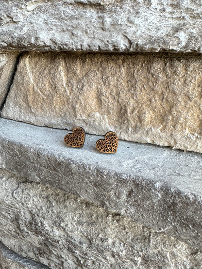 Leopard Heart Walnut Wood Earrings